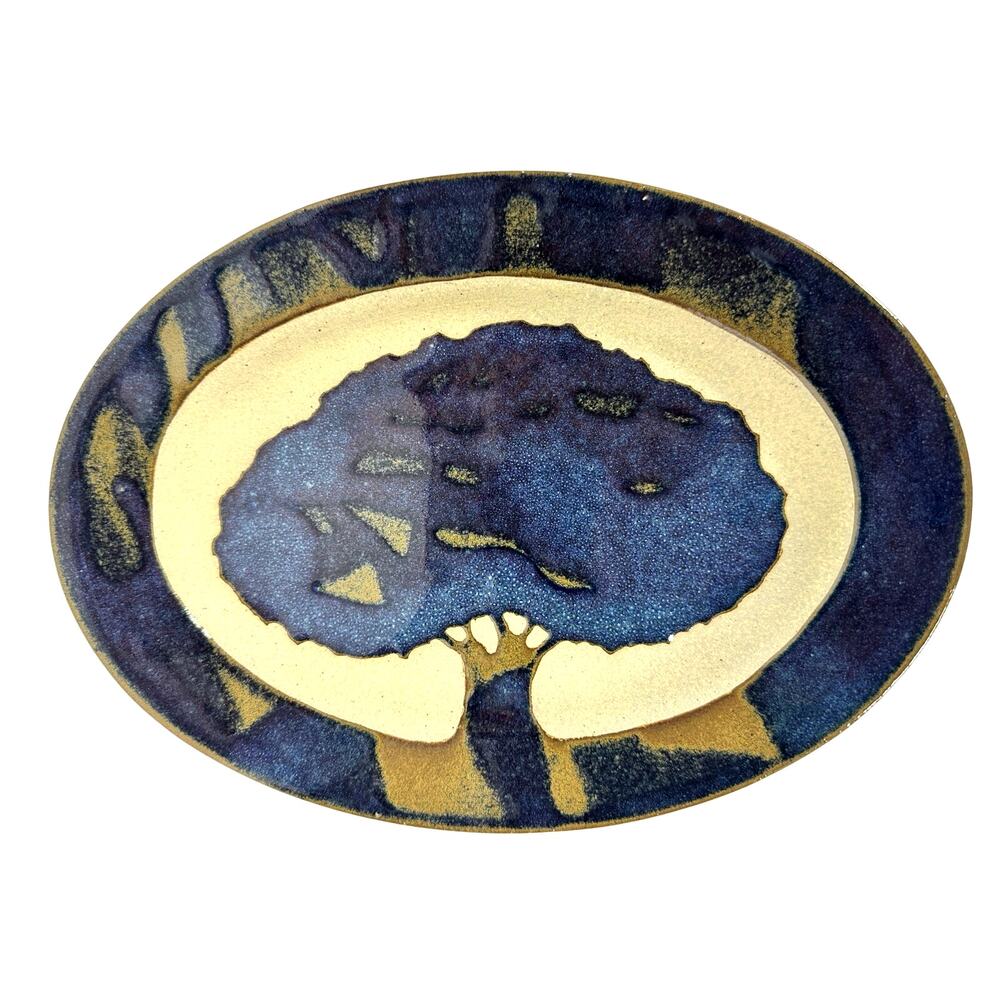 Labaire Pottery Blue Signed Tree of Life Oval 10.75" Serving Platter-Excellent!